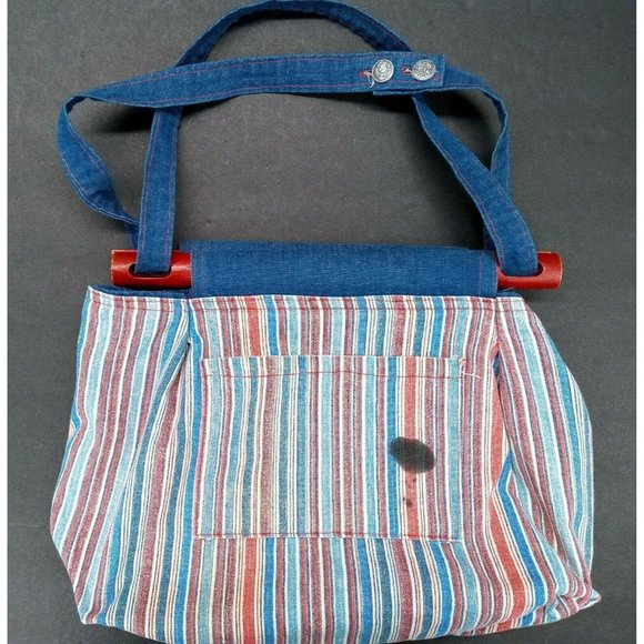 Denim Purse 1970s Blue Jean Handmade Vintage Reversible Wood Handle Red Bandana - Picture 8 of 8